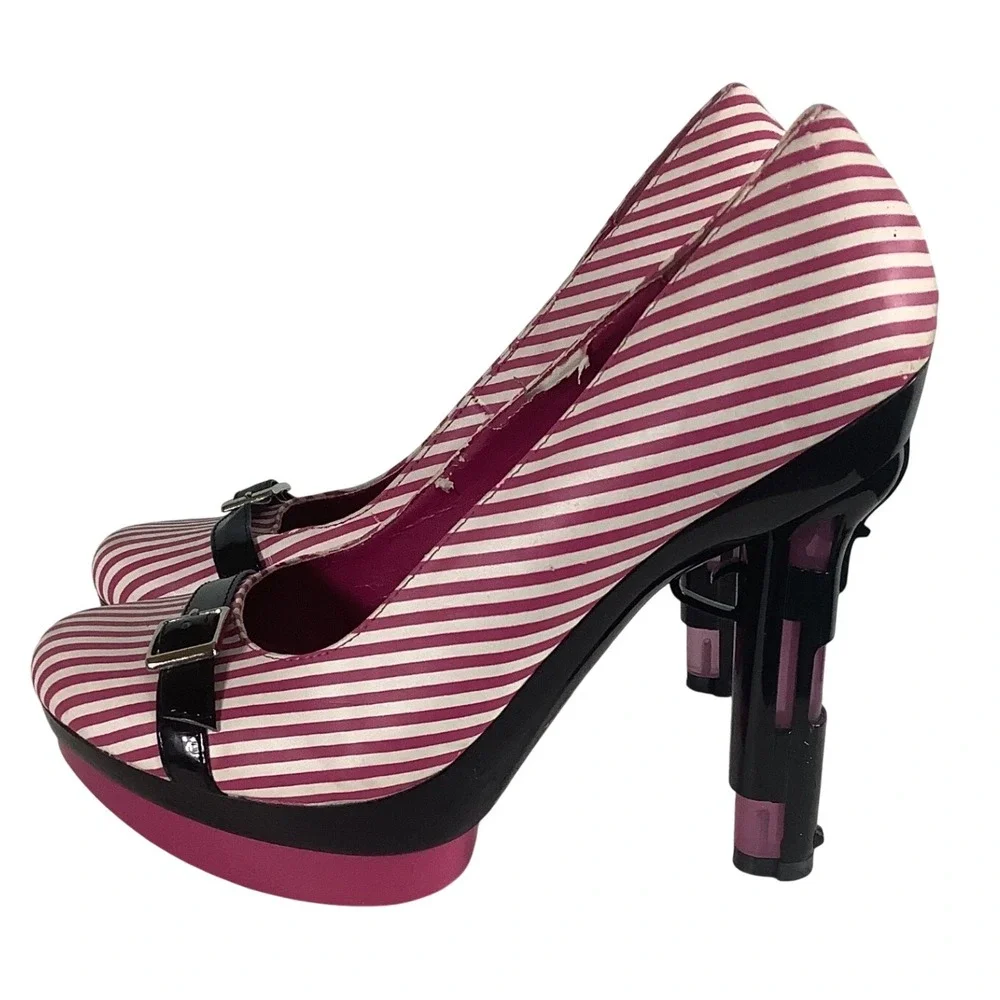 Highest Heel Pink White Striped Gun Heel Platform Pumps Buckle Accent Size 10